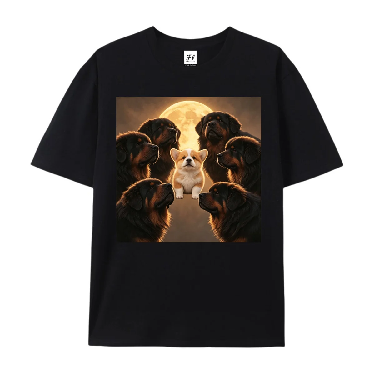 Corgi Puppy Surrounded By Tibetan Mastiffs Moon Night Graphic T‑Shirt Crew Neck Short Sleeve Cotton Top For Men Women Pet Tees