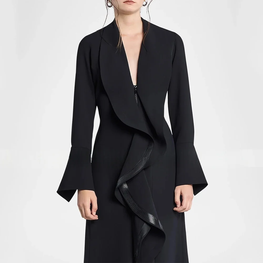JDY Custom Modern Evening Dress Long Sleeve Deep V Neck Ruffle Womens Evening Dress Black Plain Knit Wedding Guest Gown