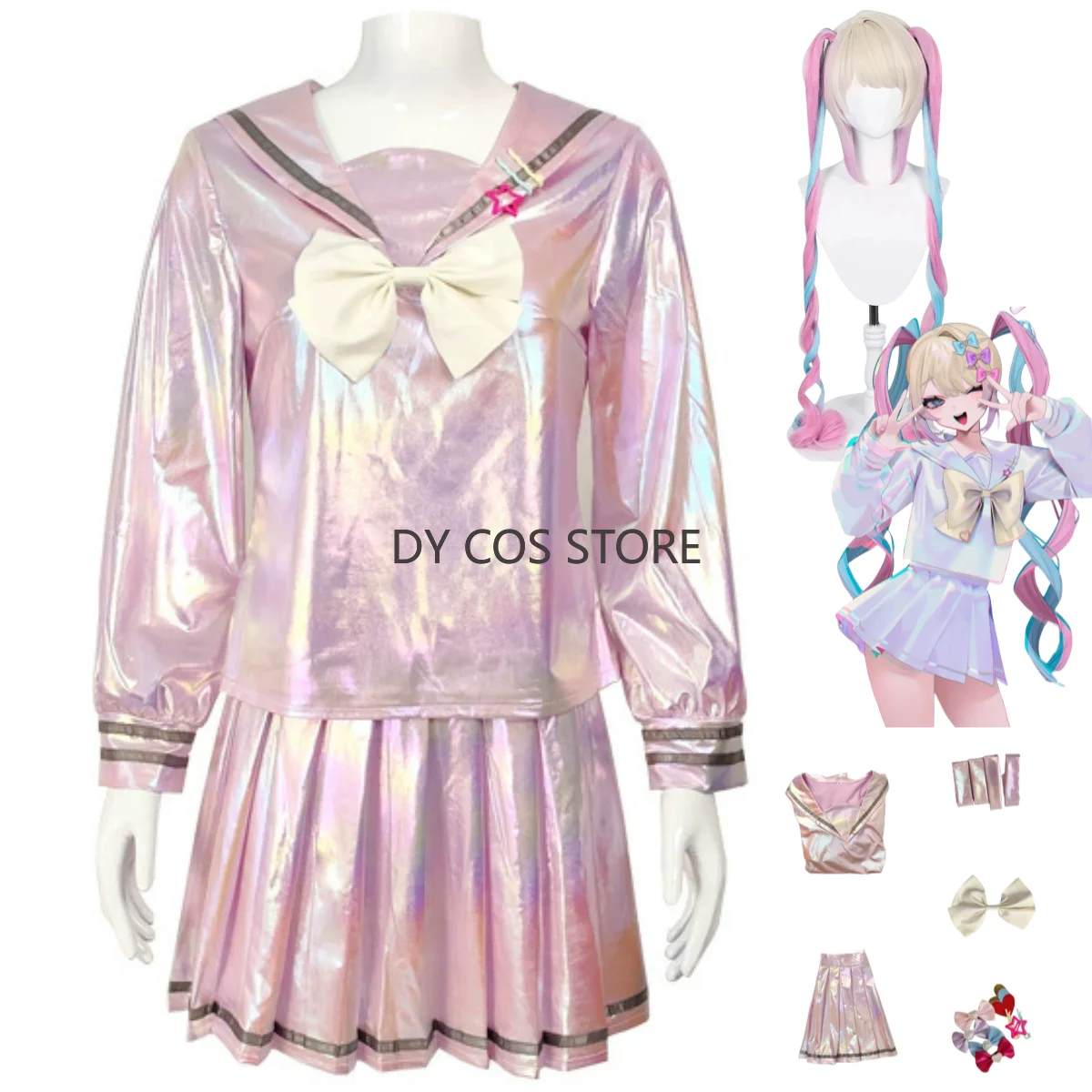 

Anime Needy Girl Overdose Kangel Cosplay Costume Pink Long Sleeved Sailor Suit JK Uniform Wig Woman Sexy Birthday Party Set