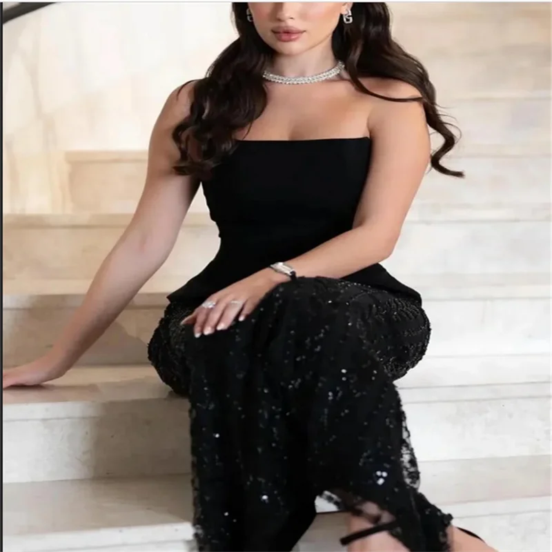 Robe de bal sirène noire personnalisée, sans bretelles, longueur au sol, luxe, sans manches, soirée formelle avec châle