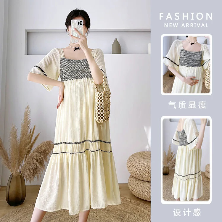 

Maternity Long Dress Summer New Korean Style Over The Knee Ladies Solid Color Splicing Elegant Dress Pregnancy Photo Shoot New