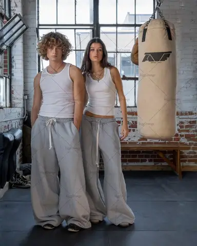 2025 High Street Trendy Streetwear Trousers Retro Embroidery Spliced Wide-leg Sweatpants Men Drawstring Gray Casual Pants Women