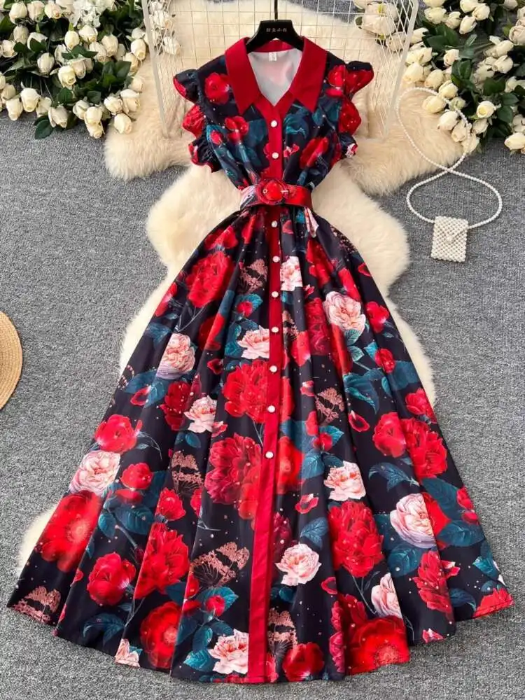 

Fashionable Printed Vintage Dress Women Lotus Leaf Sleeve Lapel Single Breasted Evening Party Dresses Elegant Floral Long Robe