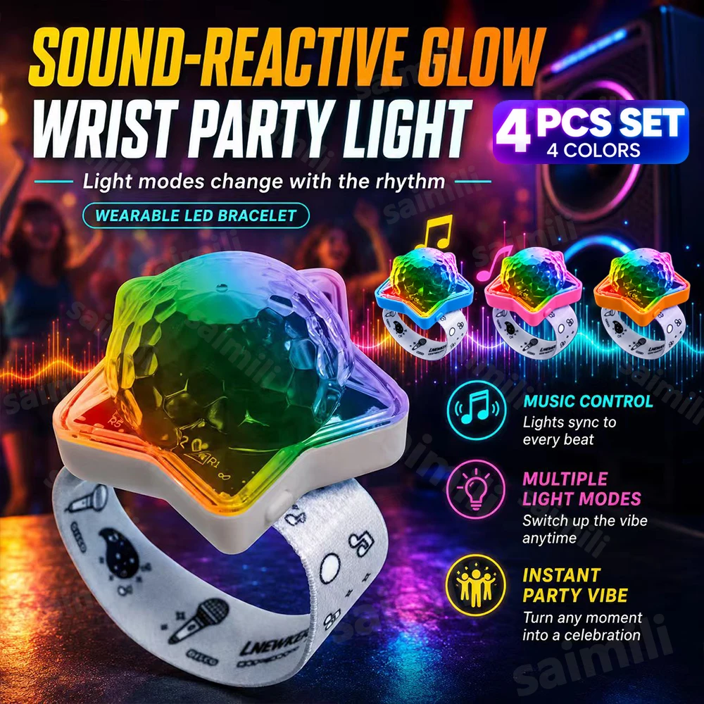 4PCS Sound Activated Wearable Star Disco Wrist Light RGB 360° Projection Rechargeable Party Lamp For Party Live Show Atmosphere