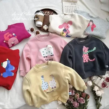 HoneyCherry 겨울 패딩 만화 프린트 스웨트 귀여운 원피스 양털 따뜻한 탑 아동복