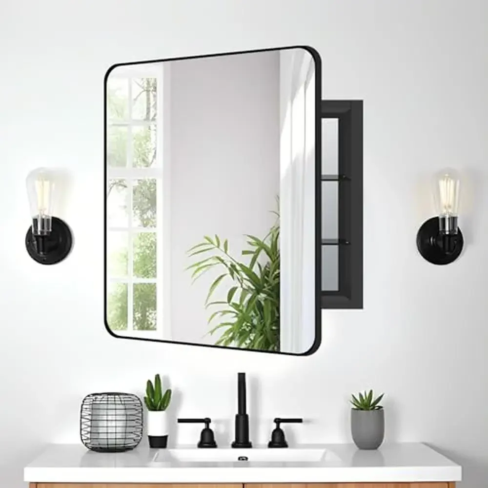 

Металлический шкаф для лекарств, зеркальная черная рамка, хранилище для ванной комнаты, фермерский дизайн, одна дверь, тихий, закрытый стеклянные полки, современные