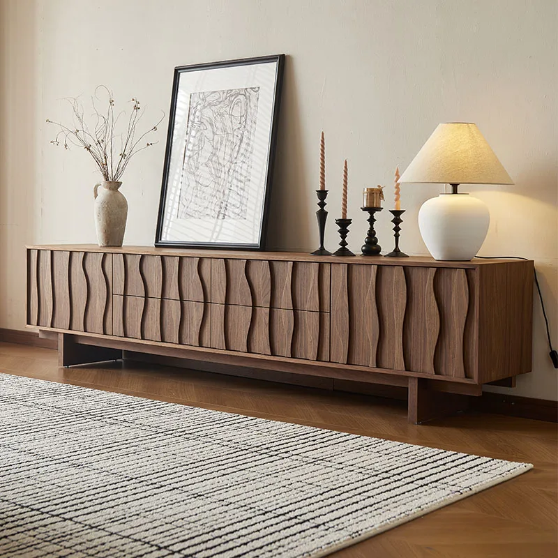 

Medieval wabi-sandy wind solid wood TV cabinet coffee table combination high-end home floor cabinet black walnut TV cabinet