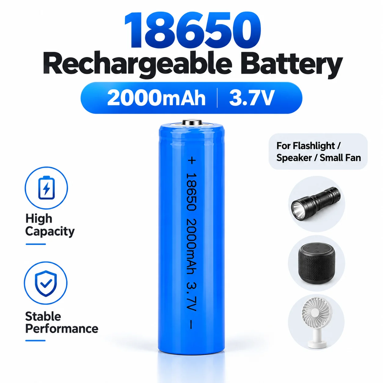 18650 ICR 2000mAh 3.7V Rechargeable Li-ion Battery for Headlamp, Mini Fan, Laser Pointer and Flashlight Replacement Cell