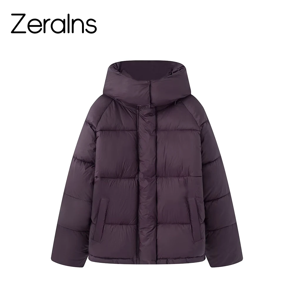 

ZERAINS Winter women's French commuting style wide pine stand collar long sleeved short style detachable hat cotton jacket