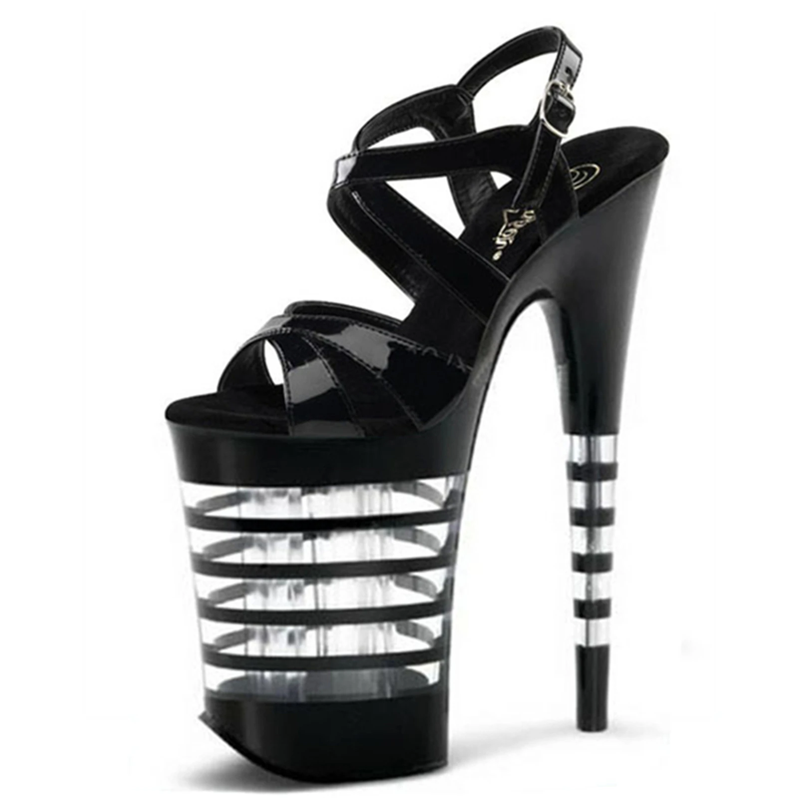 

​20CM Platform Peep Toe Sandals Black, Studded Heels with Red Cross Strap & Chunky Sole, Extreme Height Party Shoes​