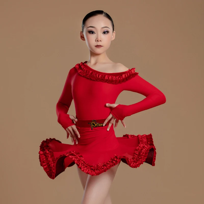 Kids Girls Red Latin Dance Dress Slant Shoulder Long Sleeves Tops Skirt Practice Performance Clothes Dance Costume Suit BL13987