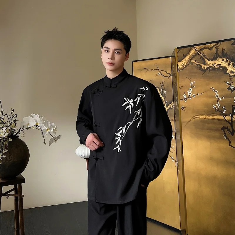 Fashion Men Chinese Embroidered Bamboo Shirt Plate Buckle Stand Neck Long Sleeve Streetwear Autumn Chic Loose Casual Blouse