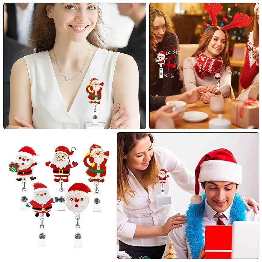 

5Pcs Christmas Badge Reel Set Adorable Santa Claus Design Acrylic Retractable Id Holder for Nurses Teachers Staff Gift