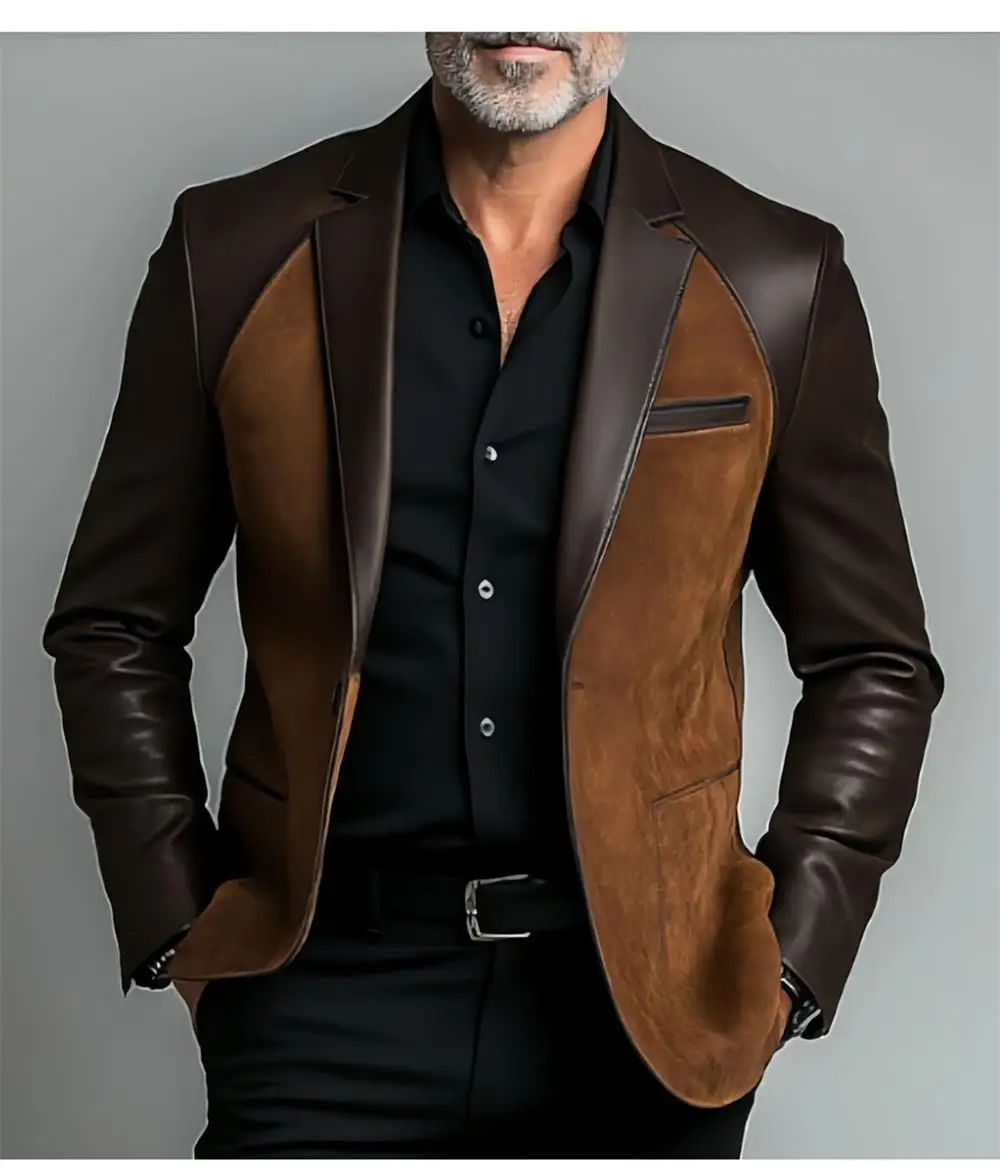 

Autumn New Men's Business Leather Jacket Splicing style jacket Casual Leather Blazers Men plus size custom suit Coat