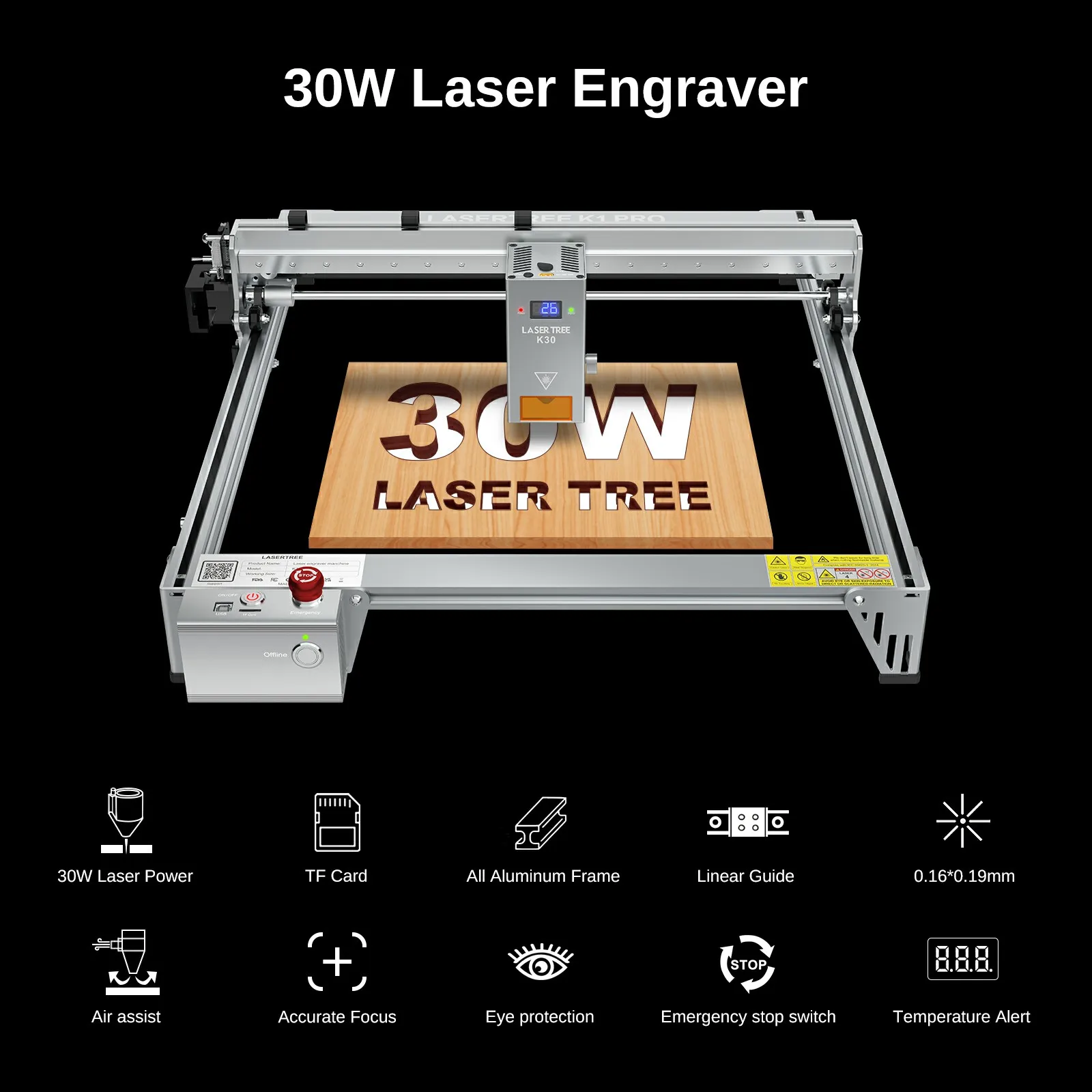 آلة النقش والقطع بالليزر LASER TREE K1 PRO 30 وات، منطقة نقش 400 × 400 مم، أدوات النجارة باستخدام الحاسب الآلي لـ MDF / الأكريليك الأسود