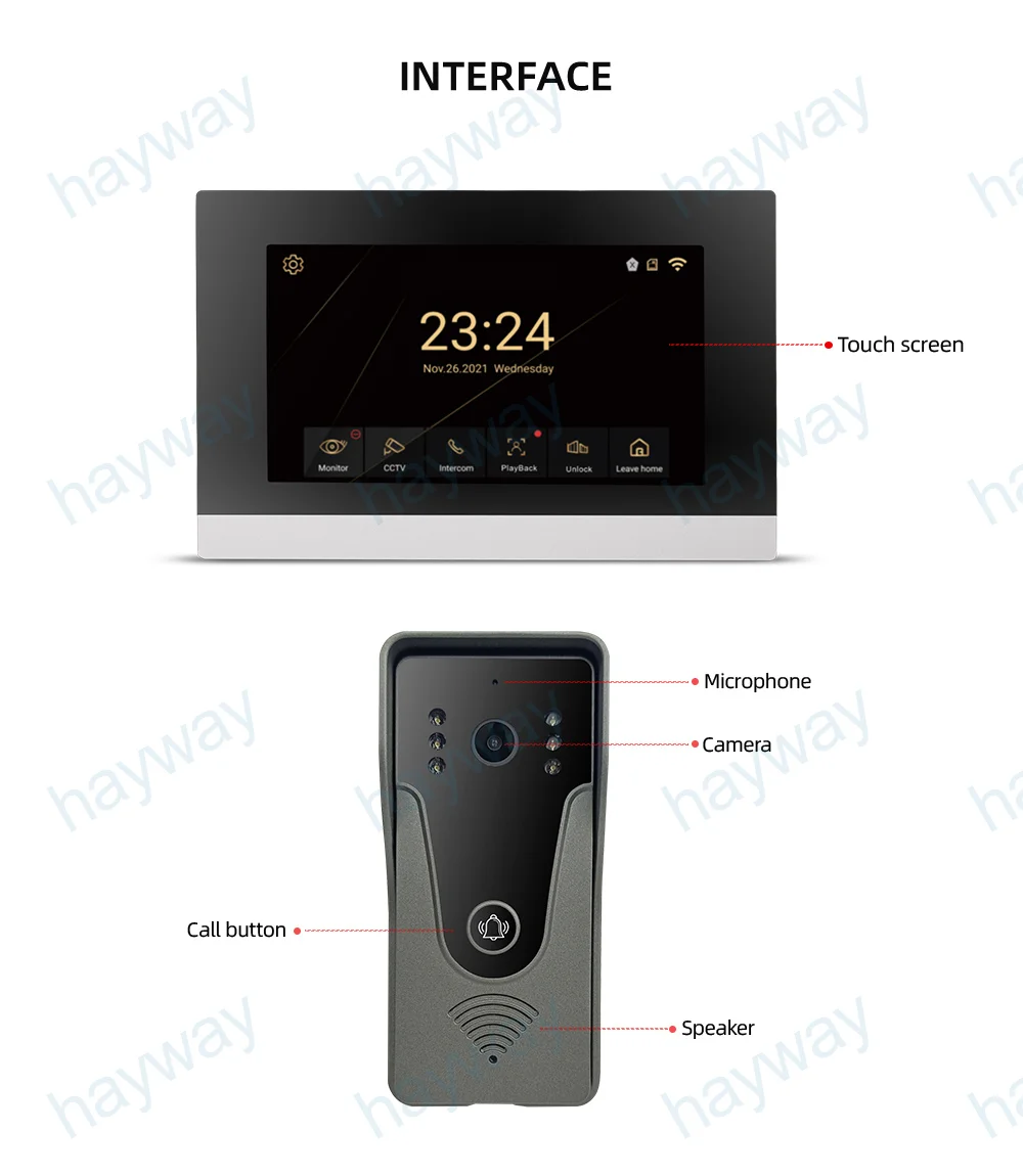 Hayway-Système d\'interphone vidéo 1080P, Tuya Smart Door Phone, AHD Full Touch Monitor, Home Video Doorbell, Camera, Motion Detection