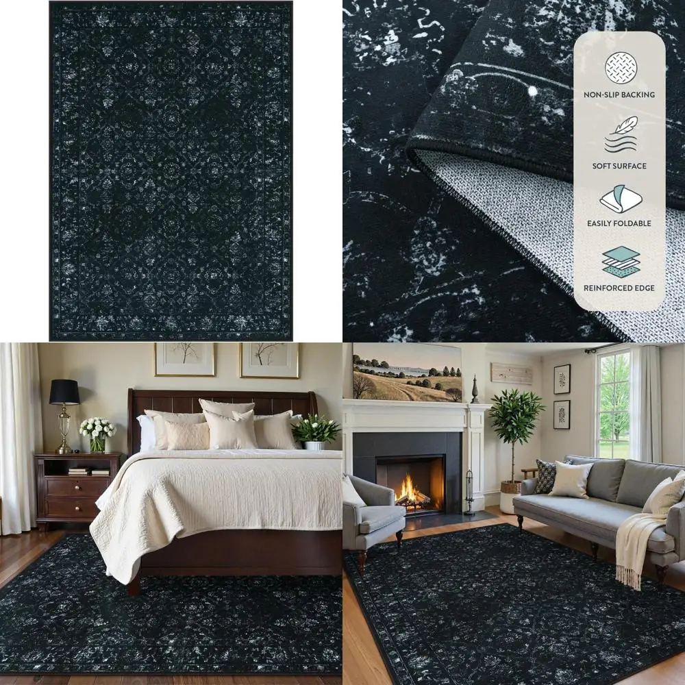 

Элегантный черный ковер 5x7 футов, нескользящий, моющийся, для спален и гостиных, ультратонкий, мягкий, в стиле бохо, для столовых и других помещений.