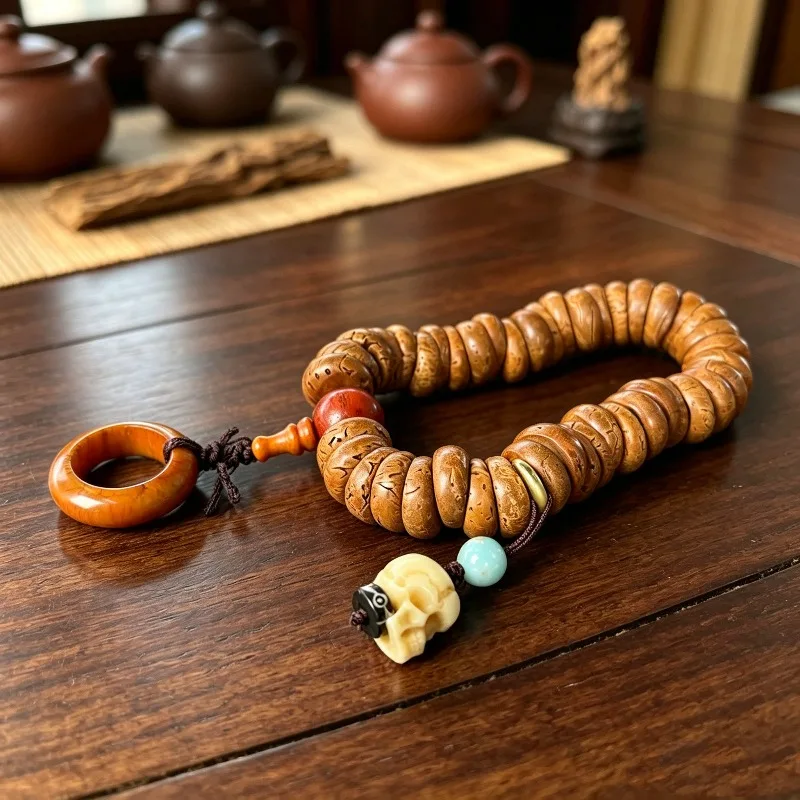 Chinese Traditional Lucky 15mm Ant Pattern Peach Pit Mala Bracelet Camel Bone Safety Buckle Skull Pendant Good Luck Blessing Spi
