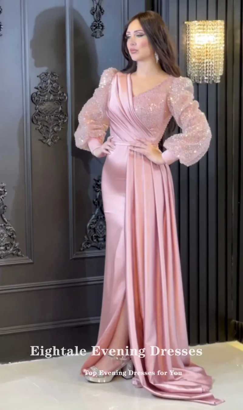 Eightale Luxury Evening Dresses V-Neck Sequined Long Sleeves Custom Made Color Arabic Prom Wedding Party Gown Robe De Soiree