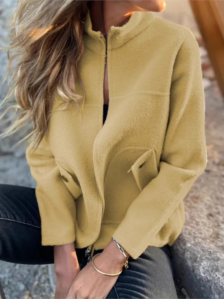 Women's Casual Zipper Cardigan Tweed Jacket  2025 New Fashion Stand Collar Pocket Loose Female Coat Street Women's Clothing