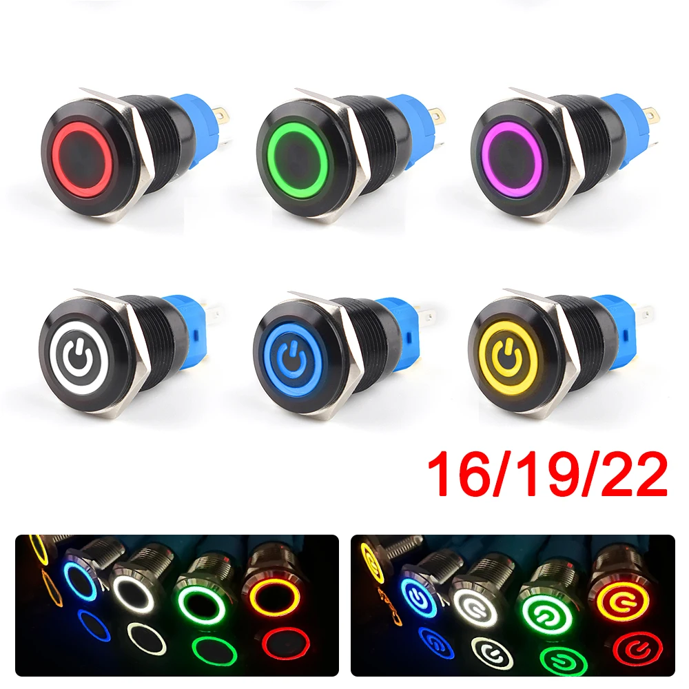 16mm 19mm 22mm Black Metal Push Button Switch Waterproof Illuminated Led Light Flat Momentary Latching with Power Mark 12V 220V