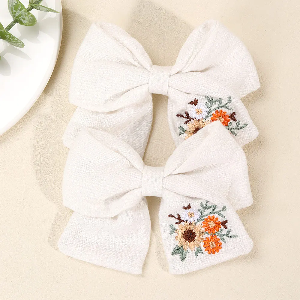 2Pcs Embroidered Flower Hair Bows Clips For Girls Cute Bowknot Hairpin Kids Ribbon Barrettes Headwear Hair Accessories