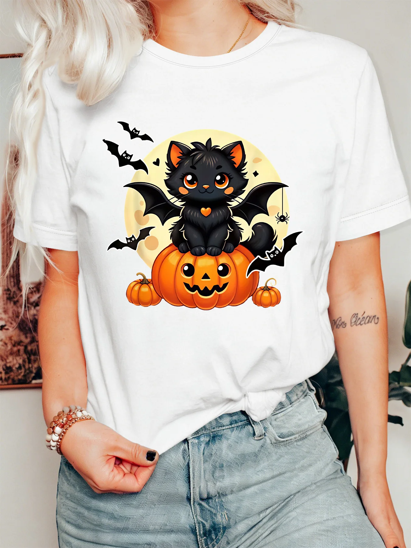 Halloween Cat Lover Womens T Shirt Black Cat Bat Wings Pumpkin Moon Spider Print Short Sleeve O Neck Party Ladies Daily Tops