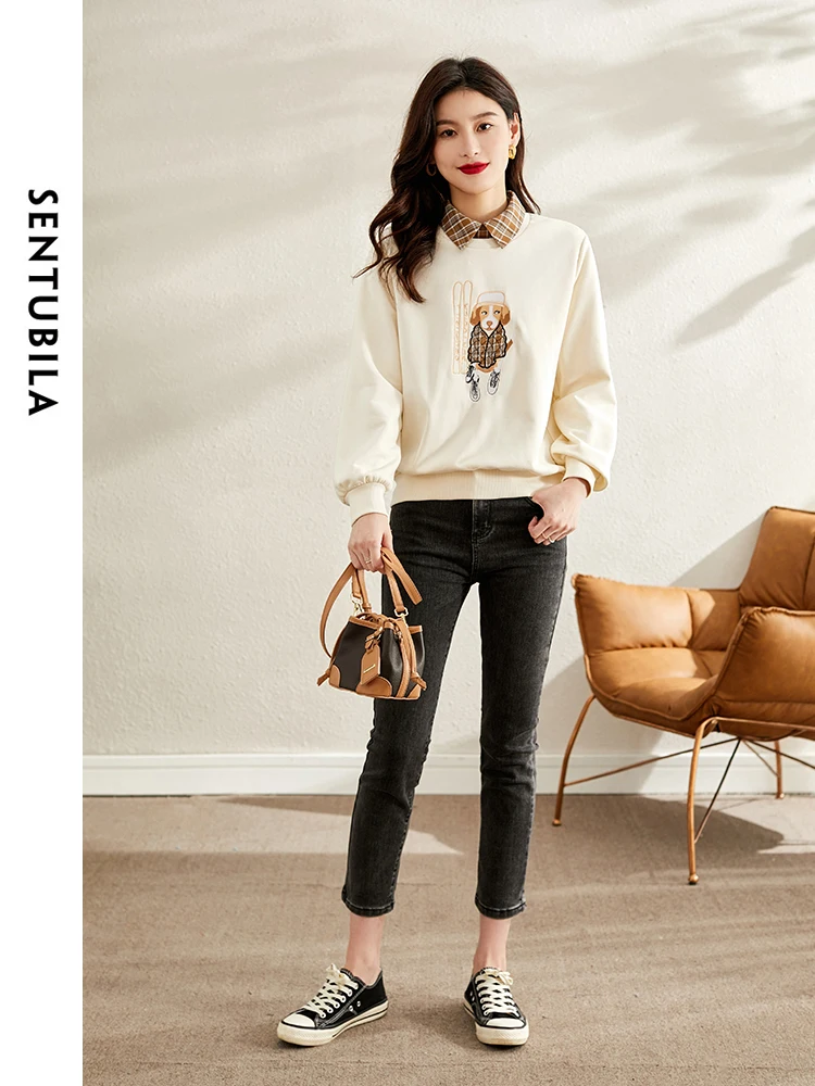 SENTUBILA 2 in 1 Cute Cotton Sweatshirts for Women Spring Autumn Casaul Long Sleeve Tops Straight Pullovers Clothing 113A38007