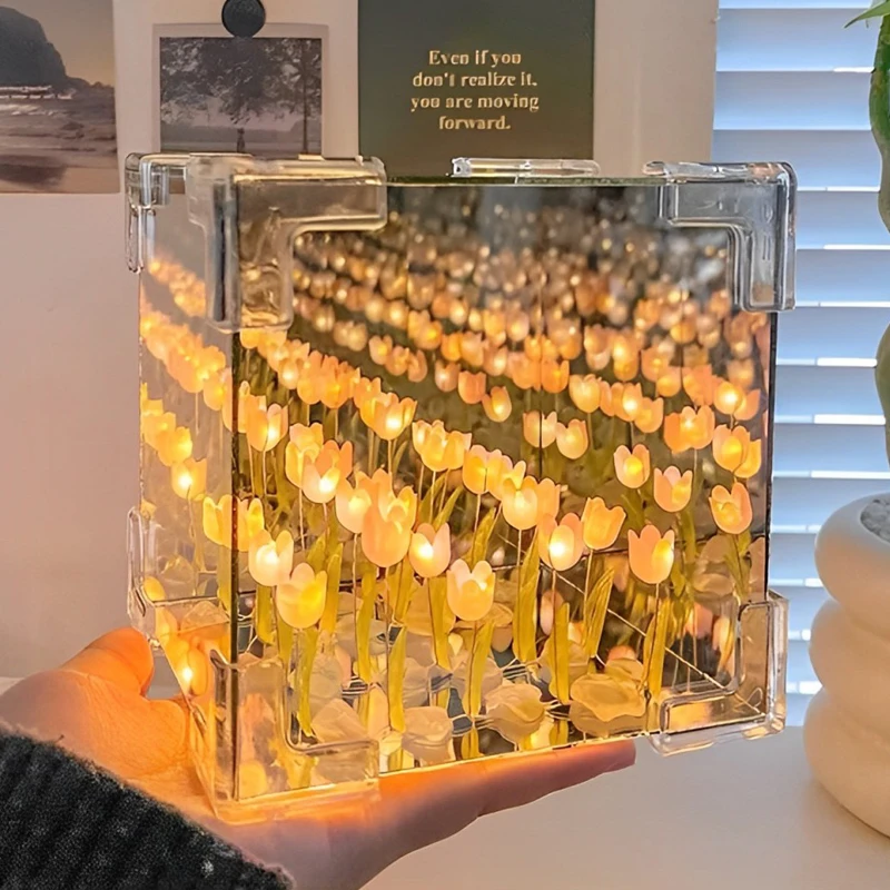 DIY lale ayna küp lamba simülasyon çiçek yatak odası uyku masa lambası el yapımı zanaat laleler ayna gece lambası doğum günü hediyesi