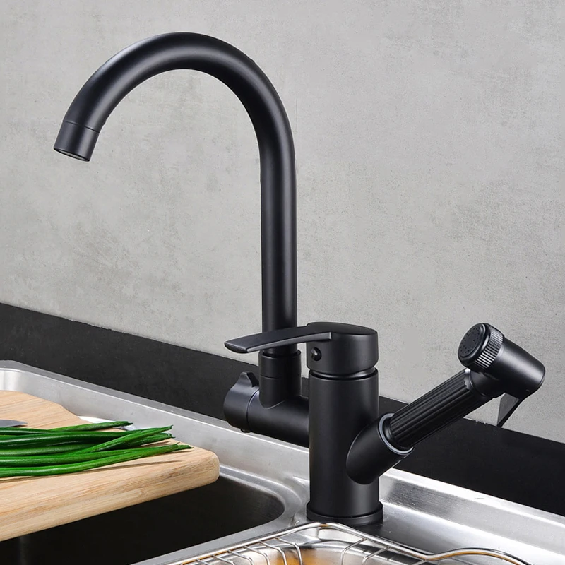 Black Pull Out Spray Head Kitchen Sink Faucet 360 Degree Swivel Spout Single Handle New and Cold Water Mixer Tap Deck Mounted