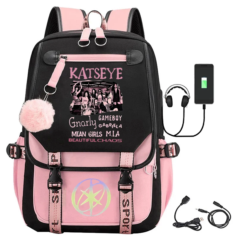 Mochilas escolares con estampado KATSEYE para chicas adolescentes, mochilas escolares con carga USB, regalo para fanáticos de Katseye, mochilas de viaje, bolsa para ordenador portátil, Mochila