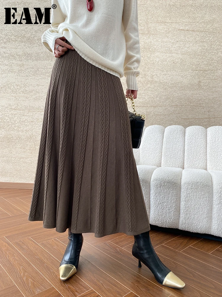 

[EAM] High Elastic Waist Camel Knitting Elegant Long A-line Half-body Skirt Women Fashion Tide New Spring Autumn 2024 1DH7736