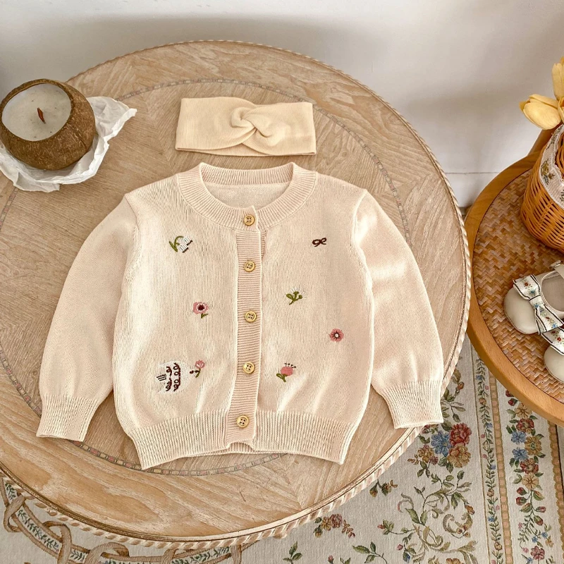 Summer New Baby Clothes Embroidered Round Neck All Cotton Knitted Air Conditioning Shirt Cute Pattern Gentle Cardigan Sun Protec