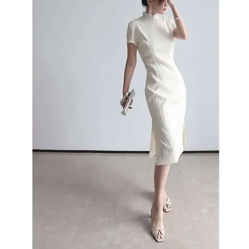 2024 new Chinese qipao dress vestidos elegant vintage cheongsam white OL cheongsam dress short sleeve modern qipao dress