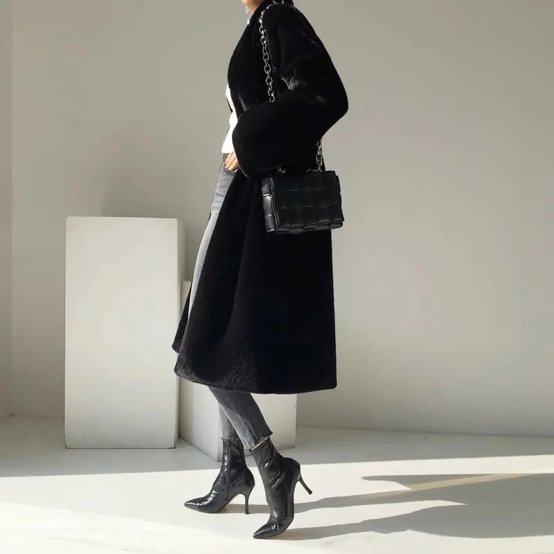 Stand Collar Sashes Winter Coat Women Long Black Luxury Elegant Stylish Thick Warm Fluffy Hairy Soft Faux Mink Fur Coat Women