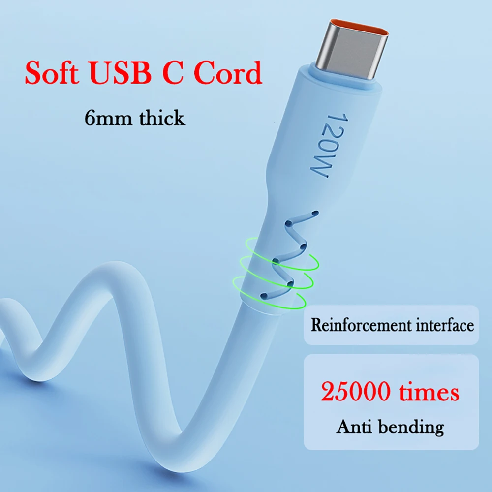 120W 6A USB Type C Super Fast Charging Cable Soft Silicone For Samsung Xiaomi Redmi Huawei Android Phone Charger Usb C Data Cord