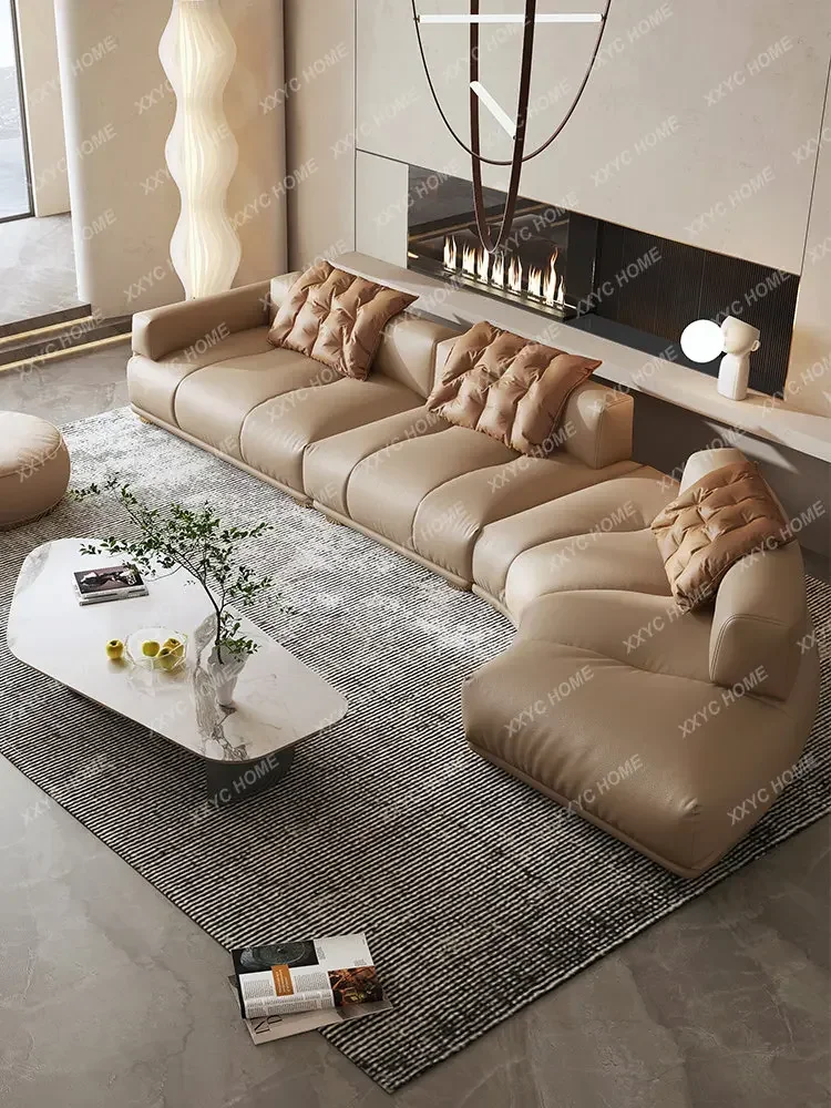 Italian Leather Sofa Light Luxury Modern First Layer Leather Art Sofa Minimalist Large Apartment Living Room Corner Sofa