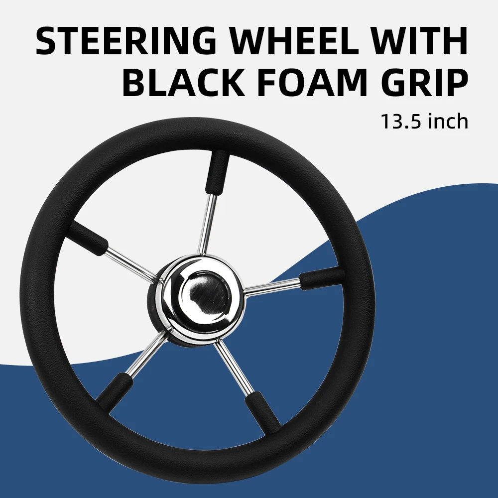 Marine 13 Inch Stainless Steel 5 Spoke Destroyer Steering Wheel with Black Foam Boat Steering Wheel Yacht Polyurethane