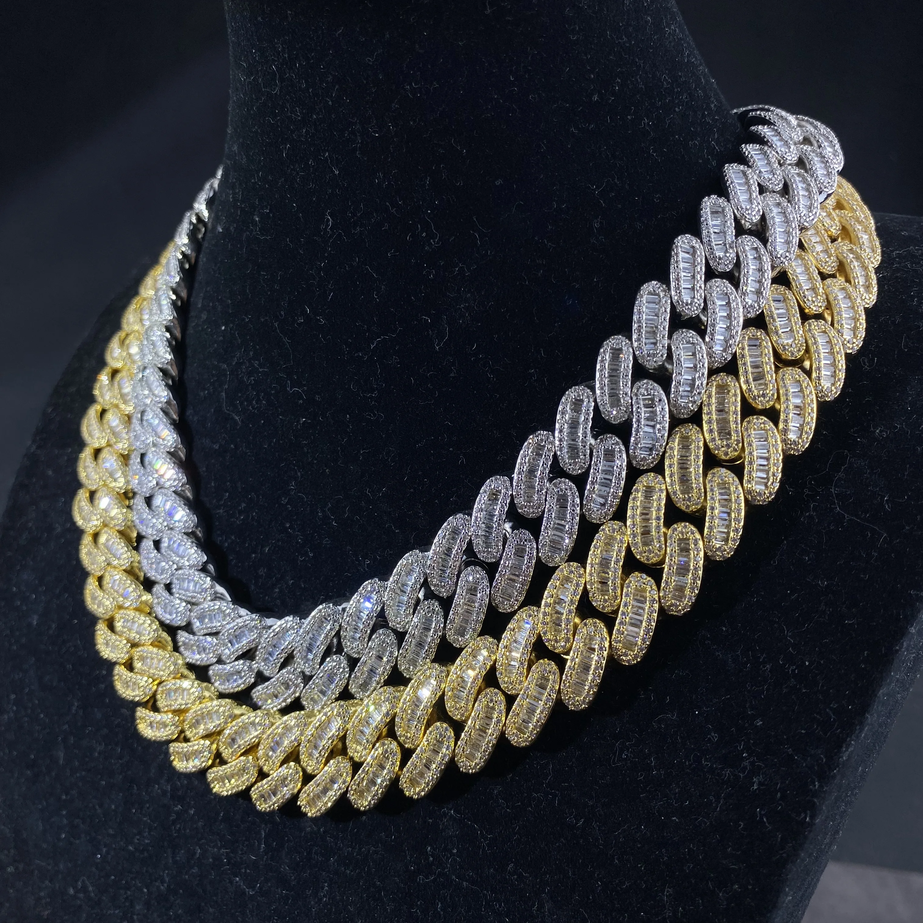 

iced out baguette cut cubic zirconia necklace 18k gold plated fashion hip hop cuban link chains men 15mm necklace bracelet