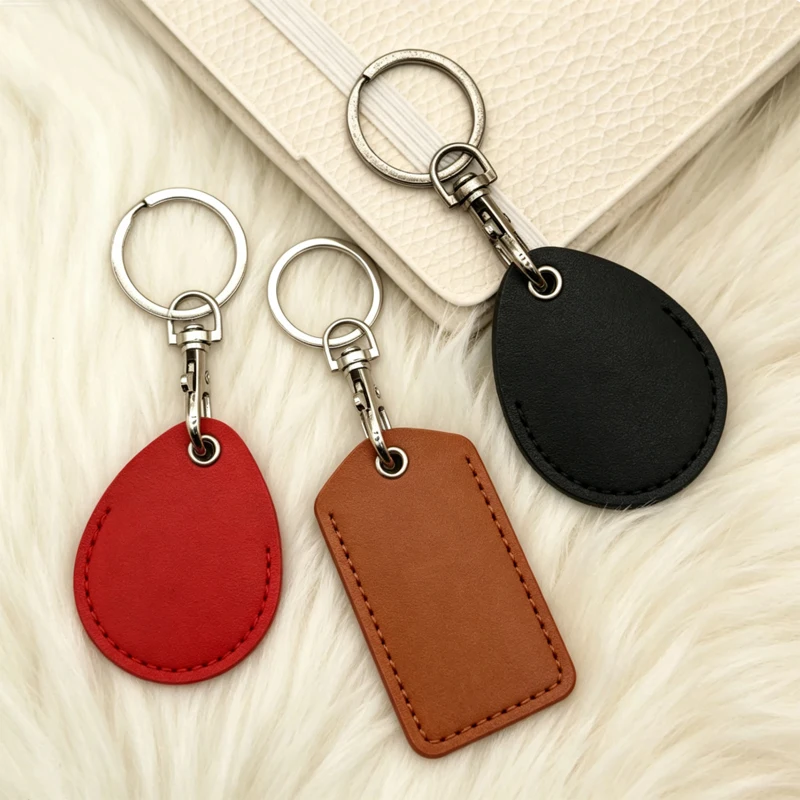 Leather Access Card Holder Keychain Anti-lost Door Lock Access Tag ID Card Protective Case Keyring Access Card Cover Accessories
