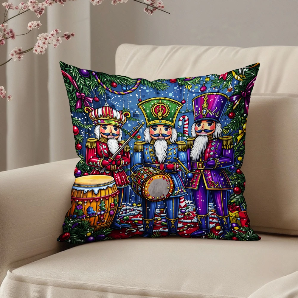 Square Throw Pillow Case Multicolor Christmas Nutcracker Soldiers Drum Candy Cane Festive Holiday Decoration For Living Room