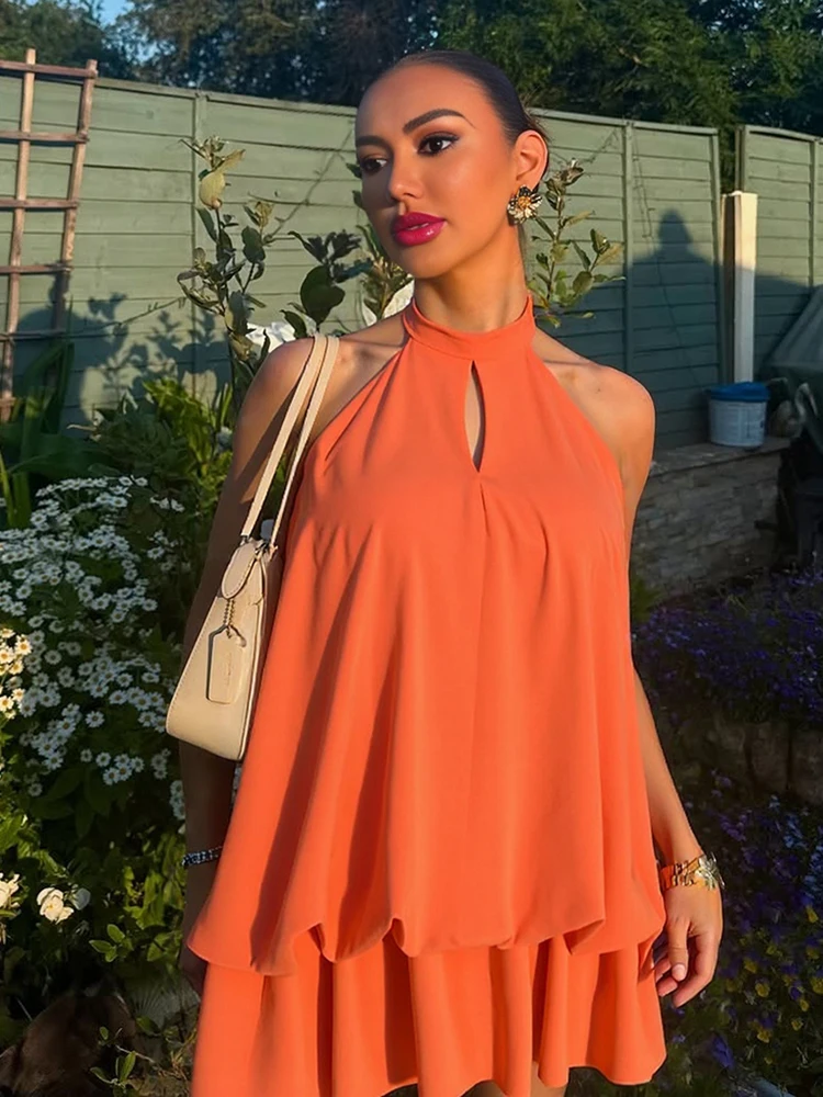 Cutenew Abito sexy senza schienale con scollo all'americana Donna Y2K Hollow Bubble senza maniche Doppio strato Vacanza estiva Midnight Clubwear Aderente