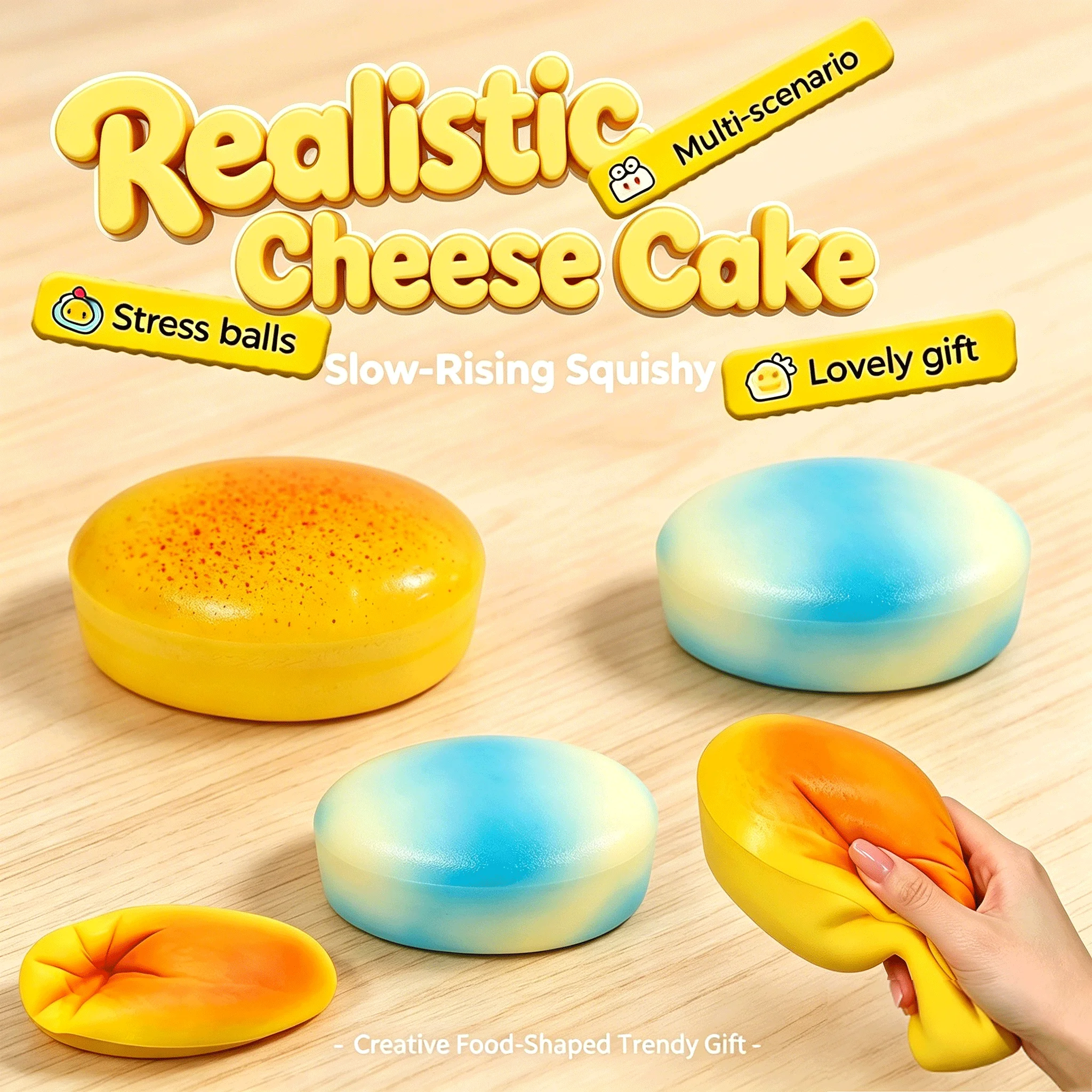 Brinquedo Sensorial Anti-stress de Bolo de Queijo Simulado Squishy com Recuperação Lenta, Brinquedo de Apertar de Queijo Semi-cozido, Brinquedo Pegajoso para Dedos