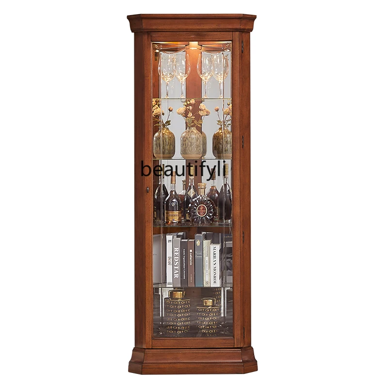 

American-Style Solid Wood Corner Cabinet Living Room Triangle Glass Wine Cabinet Display European-Style Storage Corner Cabinet