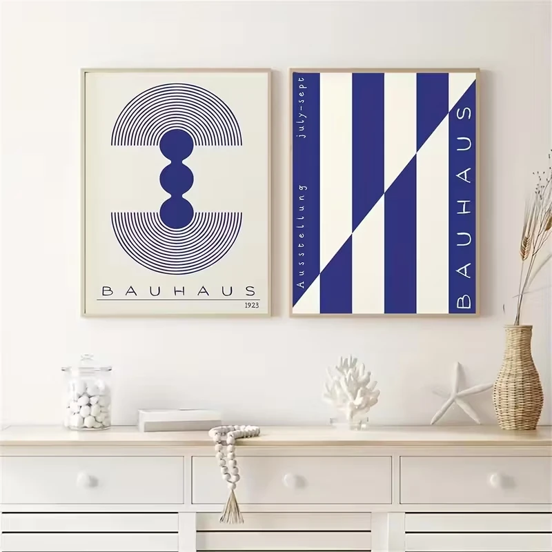 

2pcs Abstract Bauhaus Style Geometric Picture Wall Art Poster Print, Retro Blue Line Canvas Painting, Modern Home Decoration