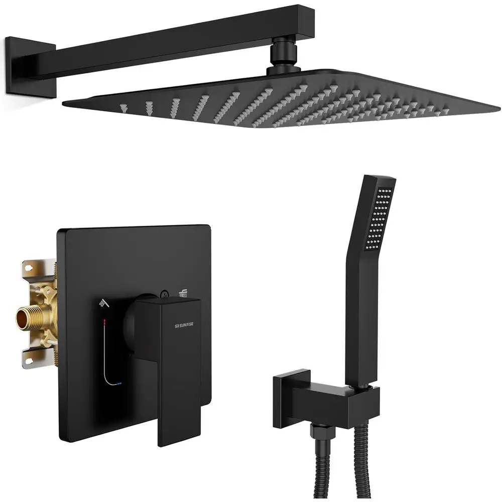 

12-Inch Matte Black Rainfall Shower System with Wall Mount and Brass Trim Kit
