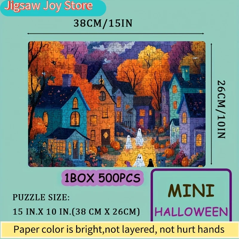 Quebra-Cabeça de 500 Peças Projetado para Adultos com um Passeio Fantasmagórico por uma Cidade Colorida na Floresta, Perfeito para Jogos de Festa e Atividades