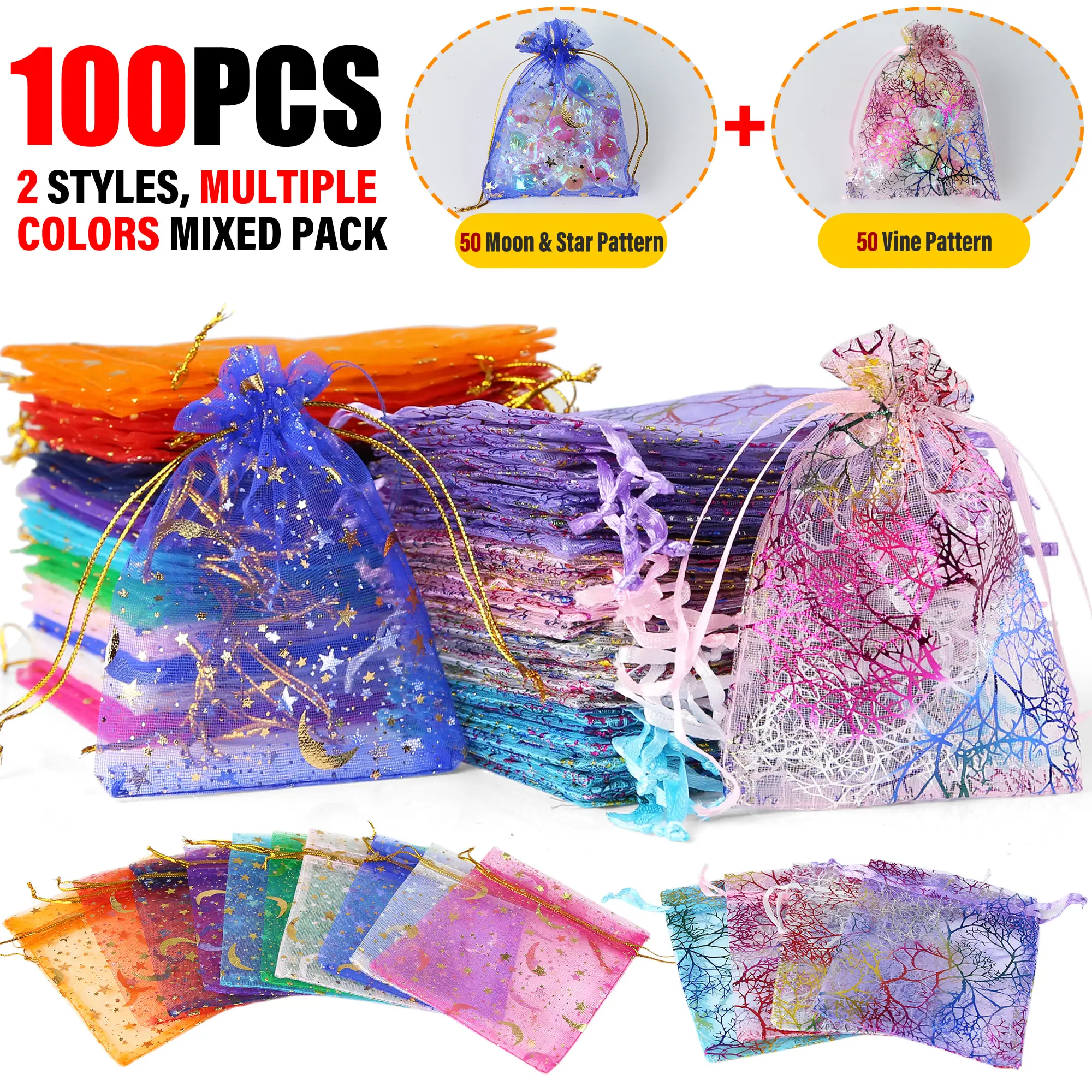 100PCS 2Styles Drawstring Organza Bags Jewelry Gift Bags Pouches Gold Star Organza Favor Pouches for Christmas Wedding
