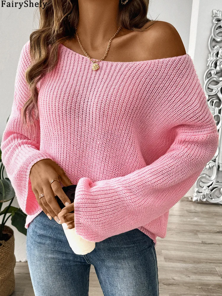 2026 Autumn Winter Solid Long Sleeve Knitted Sweater Women Pink Loose Slash Neck Pullover Lady Casual Off Shoulder Knit Jumper