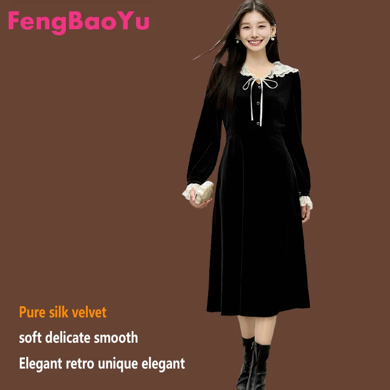 Sukienka damska Fengbaoyu z luksusowego jedwabiu aksamitnego z koronkowym wykończeniem, styl Hébó, elegancka, pełna wdzięku, francuska retro romantyczna sukienka codzienna.